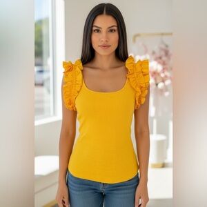 CeCe Yellow Ruffle Sleeve Cotton Knit Top Women’s Medium NWT